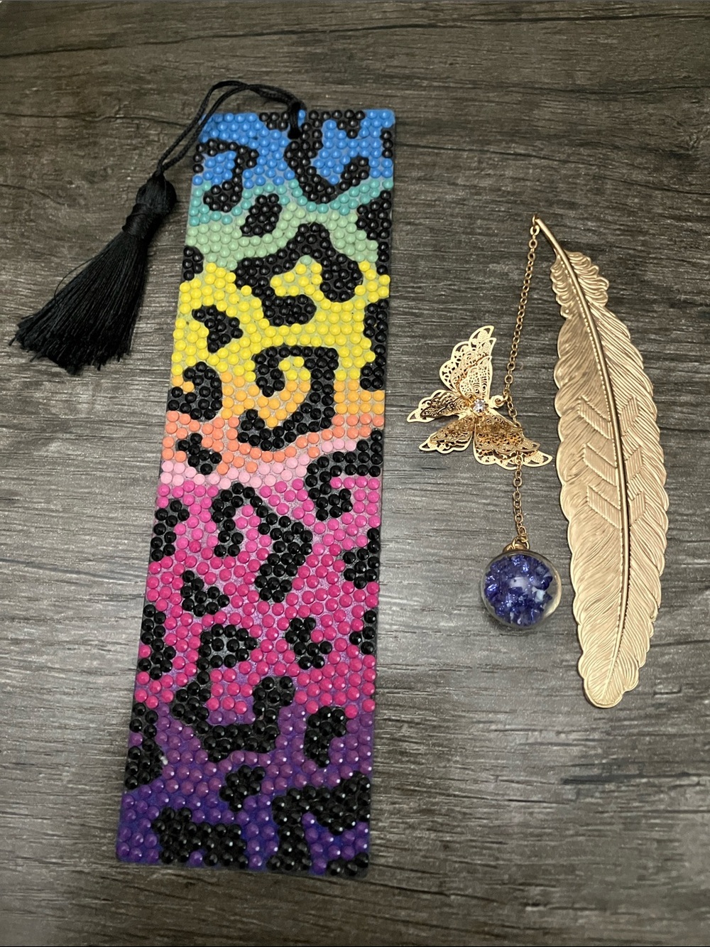 Book lover bookmark bundle, rainbow leopard, gold metal leaf butterfly crystal